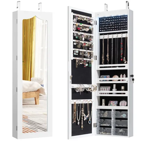 COSTWAY LED Schmuckschrank mit Ganzkörperspiegel - Weiß - Schmuckaufbewahrung mit 5 automatischen LED-Lichtern und Platz für Ringe, Ohrringe und mehr. Der integrierte Ganzkörperspiegel bietet optimale Sicht und passt ideal in jedes Zimmer.