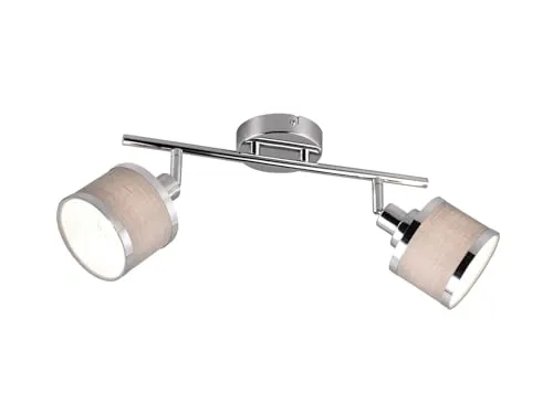 meineWunschleuchte 2-flammiger Deckenstrahler Silber Chrom - Spotbalken mit dreh- und schwenkbaren Stoffschirmen in Grau, dimmbar in 3 Stufen und energieeffizienten E14 LEDs für warmes Licht.