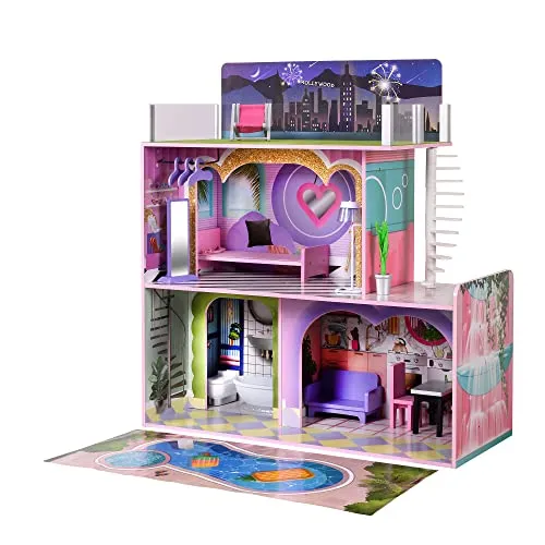 Olivia's Little World Großes Traumland Sonnenuntergang Zeitgenössisches Kinder Interaktives Holzpuppenhaus 3 Etagen mit 16 Puppenmöbelzubehör Multi TD-13616A