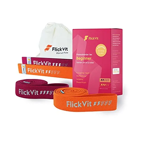 FlickVit Fitnessbänder 4er Set- Beginner (2 & 3) inkl. Tragebeutel, Fitnessband Stoff, Klimmzugband, Widerstandsbänder Set, Widerstandsband, Gummiband Sport, Theraband Set
