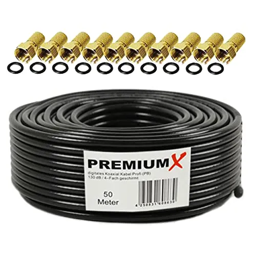 Premium X 50m PROFI Koaxialkabel Schwarz - HiFi-Kabel in Profi-Qualität, 4-fach geschirmt und UV-beständig für optimale Signalübertragung bei Digital- und HD TV. Flexibel und einfach zu verlegen!