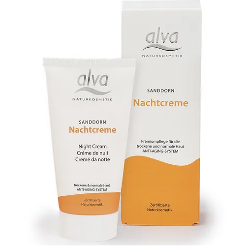 Alva Nachtcreme Sanddorn 50 ml - Nachtpflege für anspruchsvolle und normale Haut, angereichert mit Sanddornöl für intensive Feuchtigkeit und Regeneration über Nacht.