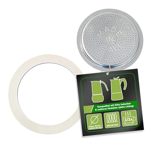 Harren24 Filter und Dichtung für Espressokocher, kompatibel mit Bialetti Espressokanne für 1 oder 2 Tassen, Ø außen 53 mm, 5,3 cm, Ø innen 47mm, 4,7 cm, Ersatzdichtung, Dichtungsring