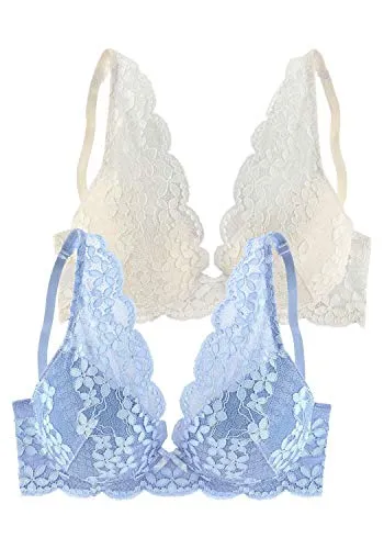 Push-up-BH PETITE FLEUR, Damen, Gr. 75, Cup C - Femininer Push-up-BH in himmelblau und creme, verziert mit schöner Spitze. Der High Apex Schnitt und herausnehmbare Kissen sorgen für ein verführerisches Dekolleté. Ideal für romantische Anlässe.