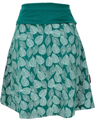 GURU SHOP Minirock aus Bio-Baumwolle - Boho Tellerrock mit Herbstlaub Print in Emerald, Damen, Size:S - Kombinierbarer Boho Minirock aus nachhaltiger Baumwolle. Der elastische Bund bietet individuellen Tragekomfort und eine perfekte Passform.