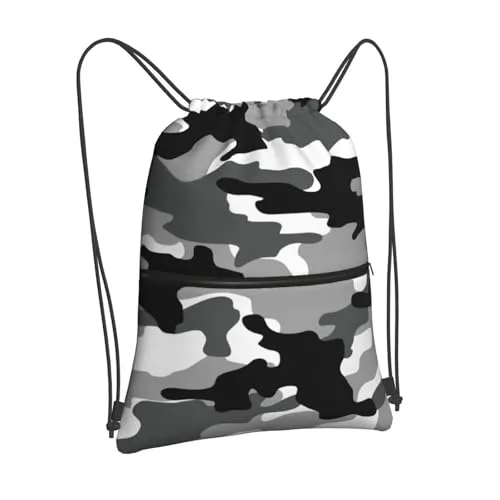 Rucksack mit Kordelzug, verstellbarer Outdoor-Sportrucksack, langlebig, wasserdicht, Turnbeutel, leichter Reißverschluss, Strandtasche für Damen und Herren, Schwarz-Weiß, Camouflage, One size