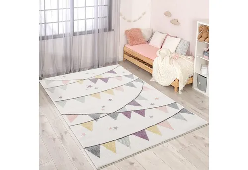 Kinderteppich Creme Lila 120x160 cm - Wimpel-Motiv für das Kinderzimmer - Teppich für Baby- & Kleinkinderzimmer mit glanzvollem Wimpel-Motiv. Besonders weich und strapazierfähig, ideal zum Spielen und Entspannen.