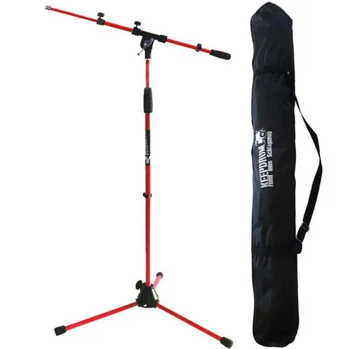 KEEPDRUM MS106 RD Mikrofonständer - Mikrofonständer mit Galgen und solidem Metall-Sockel, höhenverstellbar von 100-176 cm, inkl. Tragetasche für einfache Mobilität und Kabelklemmen.