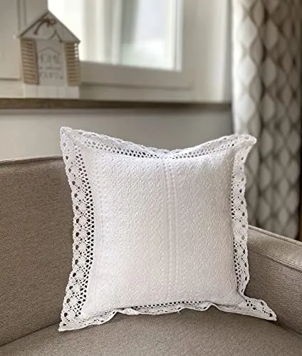 heimtexland ® Häkelspitze Deko Kissen Baumwolle Weiß Häkelborte Landhaus Häkelkissen Typ793 Kissenhülle 40 x 40 cm