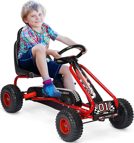 GOPLUS Gokart mit Vor- und Rückwärtsgang, Tretauto mit verstellbarem Sitz & Handbremse, Tretfahrzeug für Kinder ab 3 Jahren bis 30 kg (Rot)