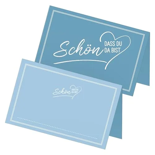 itenga 48x Tischkarten „Schön, DASS du da bist“ V2 – Platzkarten Namensschilder – 9 x 5 cm – ideal für Hochzeit, Taufe, Geburtstag, Feier – 13 Farben verfügbar (Nordic Blue)