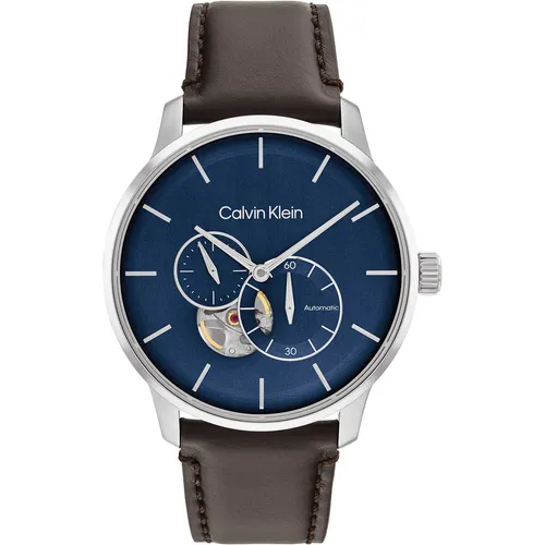 Calvin Klein Timeless Herren Automatikuhr - Elegante Herrenuhr aus der Timeless-Kollektion mit braunem Lederarmband und blauem Zifferblatt. Automatisches Uhrwerk und wasserdicht bis 5 atm, ideal für stilbewusste Männer.
