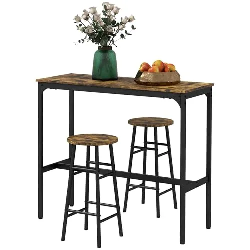 Homcom Bartisch-Set, Braun, Esszimmermöbel für 2 Personen - Stylisches 3-teiliges Bartisch-Set mit robustem Stahlrahmen und Holzoptik, perfekt für kleine Räume. Ideal für gemütliche Mahlzeiten zu zweit!