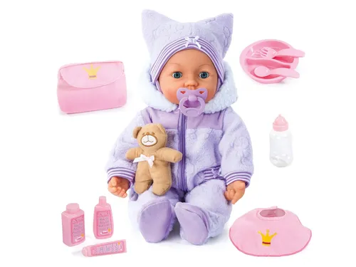 Bayer Design Funktionspuppe Piccolina Magic Eyes - Interaktive 46 cm große Weichkörperpuppe mit Geräuschen und Funktionen, ideal für kreative Spielstunden. Inklusive Zubehör wie Lätzchen, Teddybär und Fläschchen, perfekt für Kinder ab 18 Monaten.