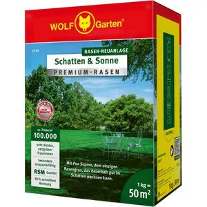 Wolf-Garten Rasensamen LP 50 Schatten und Sonne - 1kg für bis zu 50m² - Universelle Premium-Saatmischung für schattige und sonnige Standorte. Schnellkeimend für dichten Rasen und 25% Cashback beim Kauf bis 31.05.25!