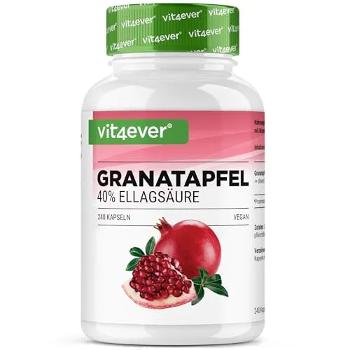 Granatapfel Extrakt - 240 vegane Kapseln - Nahrungsergänzungsmittel mit 600 mg Granatapfel-Extrakt pro Kapsel, reich an Ellagsäure (40%) und natürlichen Antioxidantien, frei von unerwünschten Zusatzstoffen und ideal für eine gesunde Ernährung.