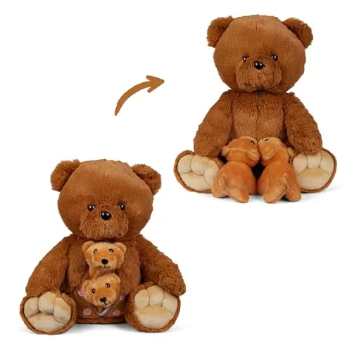 Mamanimals Teddybär Kuscheltier mit 2 Baby Bären, Babys im Bauch mit Reißverschluss verstaubar, magnetische Zitzen zum Säugen, hochwertiges Plüschtier Set für Kinder