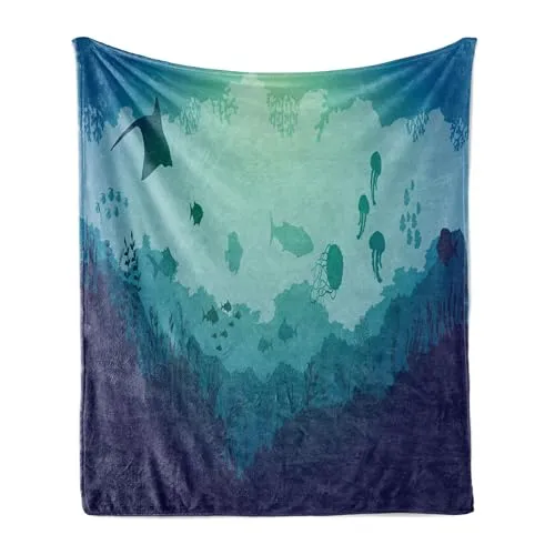 ABAKUHAUS Tiefsee Weich Flanell Fleece Decke, Quallen Corals Säugetiere, Gemütlicher Plüsch Decke Werfen, 175 x 230 cm, Blau Mandelgrün