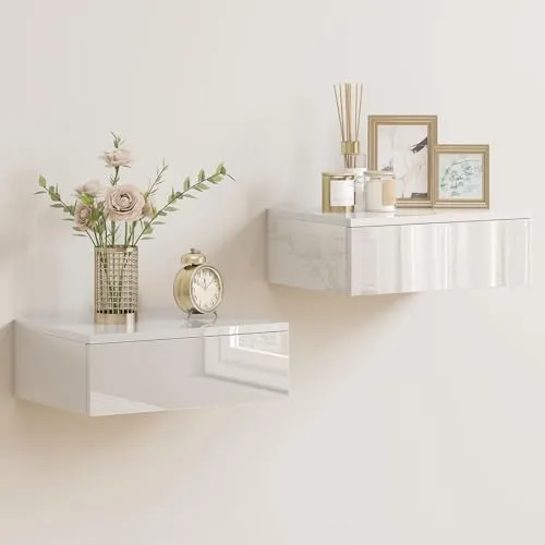 HOMCOM Nachttisch hängend 2er Set, schwebender Nachtschrank mit Schublade, Nachtkästchen Wandmontage modern Hochglanz-Nachtkommode für Schlafzimmer Wohnzimmer, 40 x 30 x 14 cm, Weiß