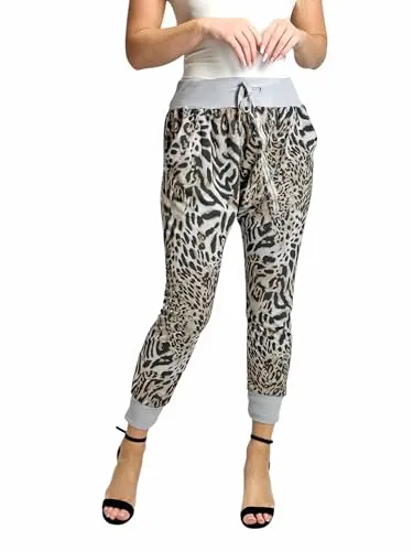 Mississhop 129 Damen Hose - Sweatpants Jogginghose mit Leo Print - Damen-Hosen in Einheitsgröße 36-40, lässige Boyfriend Hose mit elastischem Gummibund und stylischem Leo-Tier-Print, ideal für Freizeit und Sport.