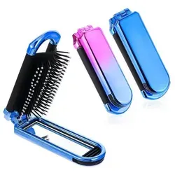 Faltbare Haarbürste mit Spiegel, 2 Stück Reise-Haarbürste in Pink Blau