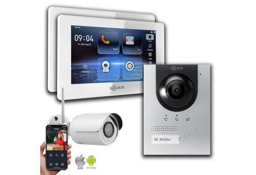 Goliath Intercom Video-Türsprechanlage mit Kamera und 2 Monitoren - Moderne 2-Draht Video-Gegensprechanlage mit 2 Monitoren und IP-Kamera. Erleben Sie klare Videoübertragung und einfache Bedienung über den 7