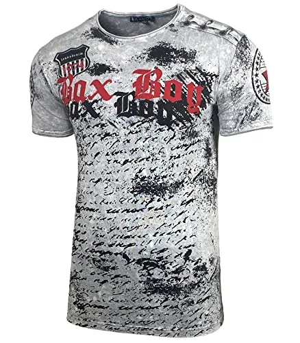 Herren Rundhals Vintage T-Shirt Kurzarm Slim Fit Design Fashion Top Print Shirt 102, Farbe:Grau, Größe:L