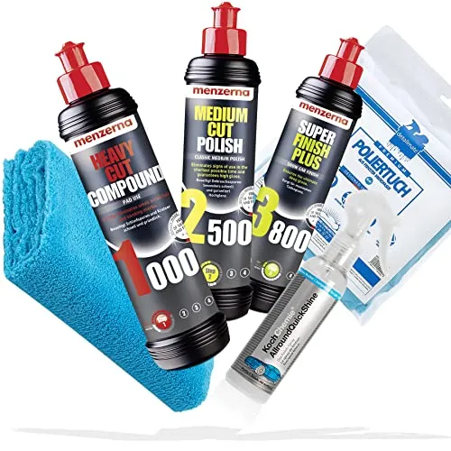 detailmate Menzerna Auto Polituren Set: Menzerna Heavy Cut Compound 1000 + Medium Cut Compound 2500 + Super Finish 3500 + Koch Chemie Allround Quick Shine - 140 ml + Mikrofasertuch 40x40cm