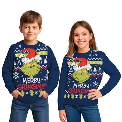 United Labels Der Grinch Weihnachtspullover für Kinder, Blau, Merry Grinchmas, 98/104, Winter Strickpullover, Pullover Unisex für Jungs und Mädchen