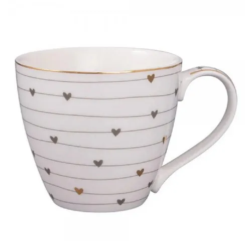 GreenGate Becher Grace Weiß mit Herzen in Grau und Gold - Thermobehälter mit zartem Herzchenmuster und Goldrand, ideal für elegante Designakzente und einladende Atmosphäre bei Heißgetränken.