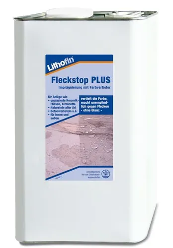 Lithofin Fleckstop PLUS Steinimprägnierung 5 Liter - Flüssigreiniger für Natursteine, bietet hervorragenden Schutz und Farbvertiefung für langanhaltende Schönheit.