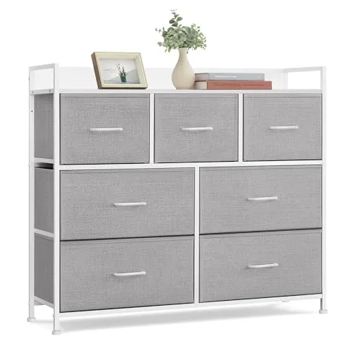 SONGMICS Kommode, Schrank, 7 Stoffschubladen mit Griffen, Metallgestell, Industrie-Design, Taubengrau-wolkenweiß LTS523L10