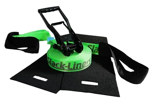 Slack-Liners 4 Teiliges Slackline-Set LEUCHTGRÜN - 50mm breit, 15m lang - Slacklines: Hochwertiges Set mit 3 Tonnen Bruchlast und Langhebelratsche für sicheres Balancieren und Spaß im Freien.
