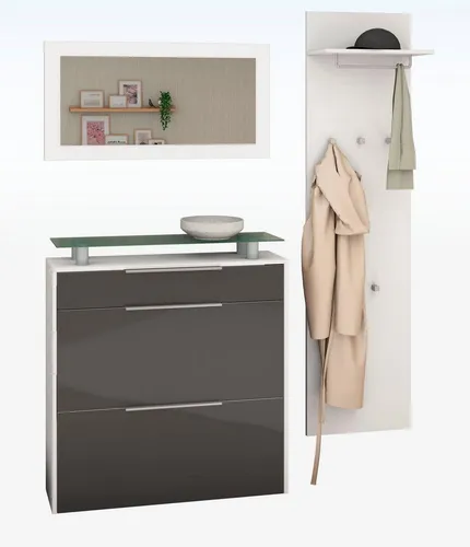 Borchardt Möbel Garderoben-Set Oliva, (3-tlg) - Moderne Garderobe mit hängendem Schuhschrank, Paneel und Spiegel in Weiß, ideal für einen ordentlichen Flur und Platz für bis zu 12 Paar Schuhe.