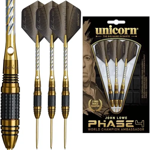 Unicorn John Lowe | Phase 4 | 90% Tungsten Barrels with Two-Tone Black & Gold PVD Coating | Steel Tip Darts Set | Old Stoneface | Gold Volute Points | 21g, 23g or 25g (25g)