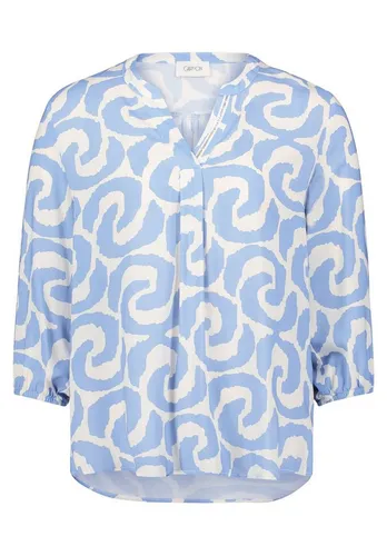 Cartoon Damen Blusenshirt mit Muster 38, Weiß/Blau - Tops, T-Shirts & Blusen für Damen, weich fallendes Blusenshirt mit 3/4-Ärmeln und V-Ausschnitt, ideal für einen lässigen Look.