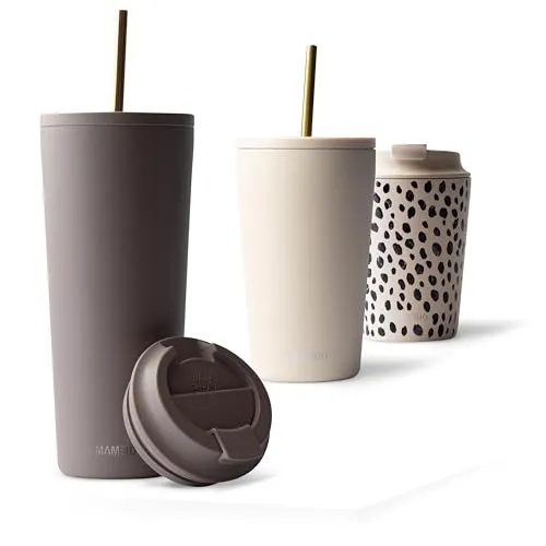 MAMEIDO Thermobecher mit Strohhalm 700 ml, Trinkbecher mit Deckel und Strohhalm aus Edelstahl doppelwandig isoliert, auslaufsicher, Coffee to go Becher (Taupe Grey)