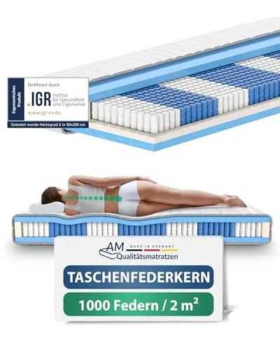 AM Qualitätsmatratzen Deluxe Taschenfederkernmatratze 120x200cm H4 - Matratze mit 1000 Federn für optimale Unterstützung und ergonomische Entlastung der Wirbelsäule. Made in Germany, OEKO-TEX zertifiziert, ideal für Allergiker und mit 30 Nächten Probeschlafen.