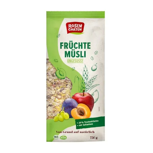 Rosengarten Früchte-Müsli ungesüßt 750g - Müsli ohne Zuckerzusatz, reich an natürlichen Früchten und ideal für eine gesunde Ernährung.