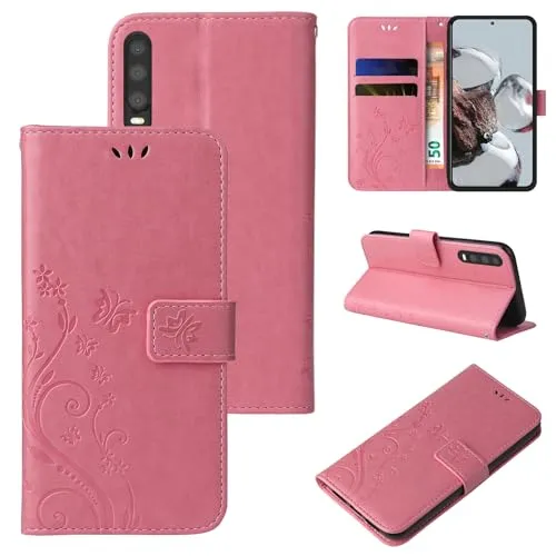 LBH Handy Hülle für Huawei P30 Case Handytasche Schmetterling Blumen Flower Standfunktion Schutzhülle Magnet Rundum Schutz 360 Grad Flipcase Cover Rosegold