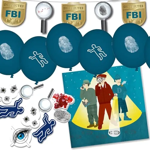 Deko-Set * DETEKTIV * für Kindergeburtstag, Mottoparty und Party | 53 Teile mit Servietten + Konfetti + Wimpelkette + Luftballons | Kinder Deko Partydeko, Edition: Detektiv