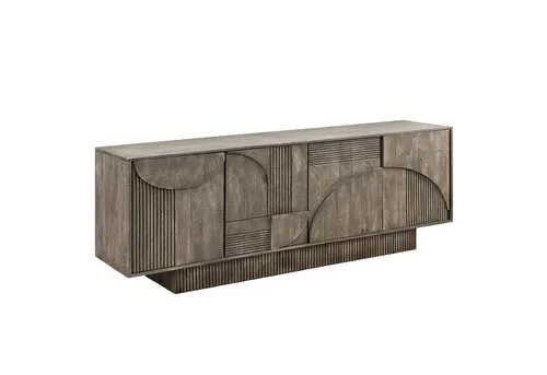 riess-ambiente Sideboard ART DECO 170cm grau smoked - Elegantes Sideboard aus massivem Mangoholz mit 3D-Front und Push-to-Open-Funktion, ideal für stilvolle Wohnräume und bietet großzügigen Stauraum.
