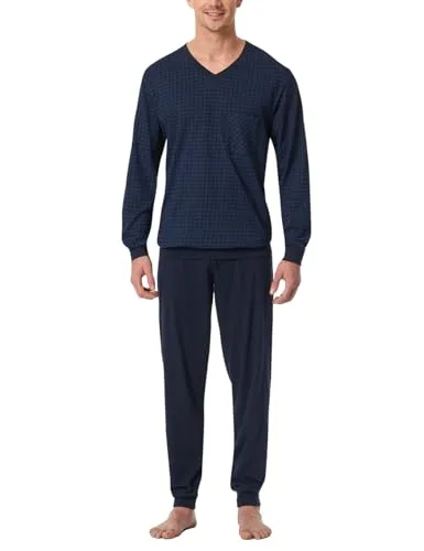 Schiesser Herren Schlafanzug lang mit Bündchen - Komfortables Nightwear Set - Schlafanzüge für Herren, bequemer nachtblauer Pyjama mit kariertem Oberteil und Bündchen für optimalen Tragekomfort, ideal für entspannte Nächte.