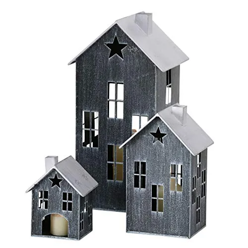 Metall Laterne 3er Set - Deko Windlicht in Haus Form - Laternen-Set aus Metall in schwarz, mit abnehmbarem Dach und romantischem Lichtbild durch ausgestanzte Fenster und Stern – ideal für Innen und Außen.