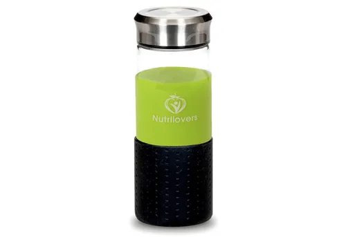 Nutrilovers Trinkflasche Glas Trinkflasche ICE - Robust & Sicher - Für Säfte & Smoothies, Gefrierfeste, BPA-freie Borosilikatglasflasche 450 ml