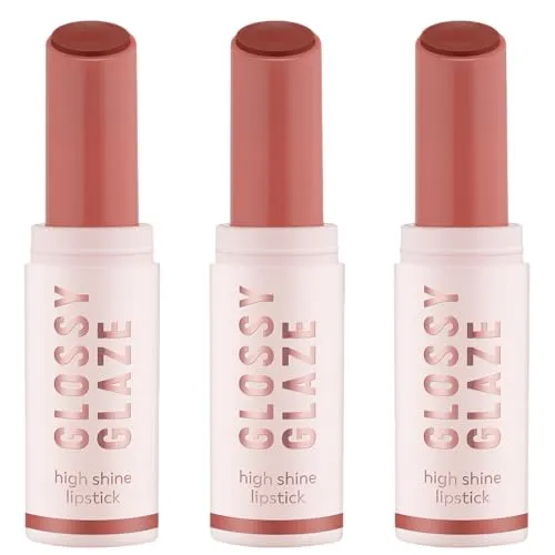 essence GLOSSY GLAZE high shine lipstick, Nr. 05, Nude, hochpigmentiert, glänzend, farbintensiv, vegan, ölfrei, ohne Parabene, ohne Mikroplastikpartikel, 3er Pack (3x1.9g)