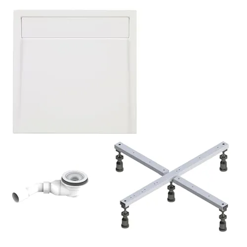 Schulte Duschwanne Brava mit Fußgestell, Ablauf, Ablaufrinne & Acrylplatte, 90x90 cm Pflegeleicht und alterungsbeständig, Größe wählbar