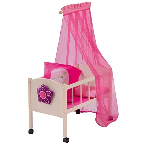roba® Puppenbett Happy Fee mit Himmel - Puppenbett mit Himmel für fantasievolles Spielen, ideal für Kinder ab 3 Jahren, Maße: 57x31x87 cm, in natur/pink.