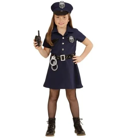 Kinderkostüm Polizistin für Mädchen – Polizeikostüm Gr. 116 - Mädchenkostüme für kleine Gesetzeshüterinnen! Retro US Police Deluxe Kostüm mit Kleid, Gürtel, Mütze, Walkie Talkie und Handschellen für unvergessliche Rollenspiele.