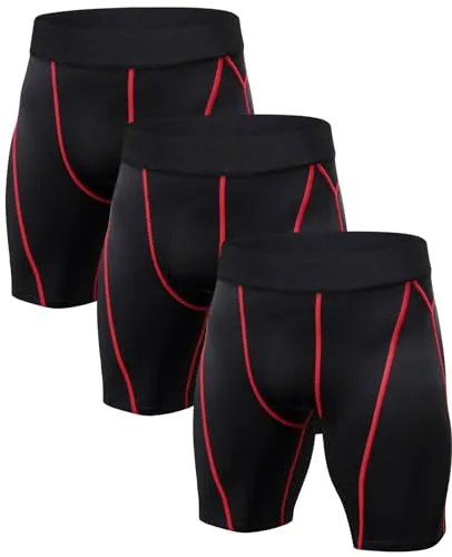 Niksa 3er Pack Herren Kompressionsshorts,Schnelltrocknendes Baselayer Unterhose Tights Kurz hochwertig Schwarz&Rot L
